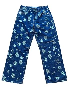 Straight-Leg Western-Themed Printed Boho Denim Jeans